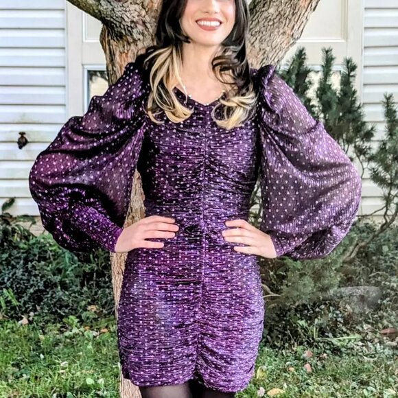 For Love & Lemons La Villette Mini Dress Purple sequins Balloon Sleeves 80s!  M - Picture 9 of 15